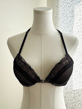 Victoria's Secret Very Sexy Push Up Bra 34B Black Lace Racerback Front Close